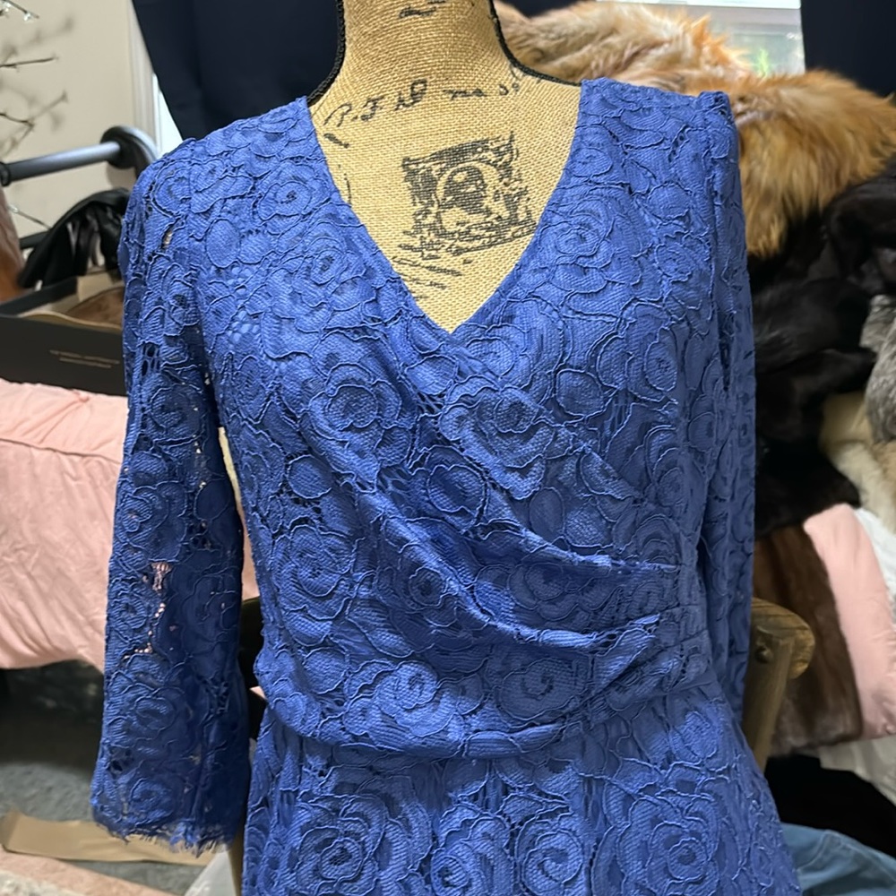 Adrianna Papell Royal blue lace dress.  long lace sleeves 14. knee length.